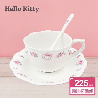 【Sanrio三麗鷗】凱蒂貓優雅玫瑰骨瓷咖啡杯盤3件組225cc （原價:720） [彩盒NG,本體無瑕疵]