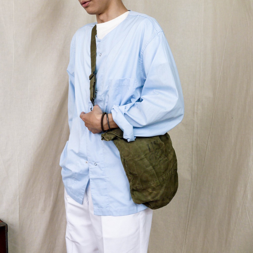 《白木11》 🇺🇸 70s US Army pajama shirt  美軍 公發 藍色 睡衣 長袖 無領 襯衫 古著