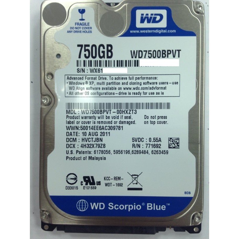 【全新未拆】WD 2.5吋 750G 750GB 硬碟 (WD7500BPVT-00HXZT3) /1TB 1.5TB