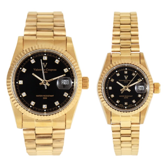 【天龜】Valentino Coupeau  范倫鐵諾 黑面晶鑽全金不鏽鋼殼帶防水男女手錶