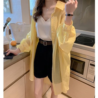 雪紡襯衫 打底衫 韓系上衣 時尚中長款條紋襯衫女設計感小眾上衣長袖防曬襯衣薄外套1F040-207. 衣時尚