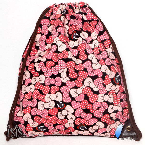 KURO-SHOP台灣製造  黑色 粉紅蝴蝶結 黑喵喵 帆布材質 束口包  後背包