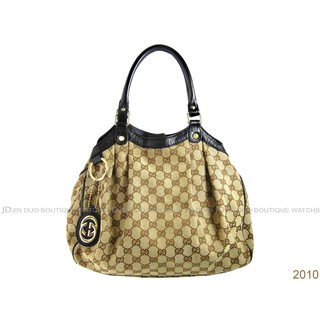 金鐸精品~2010 GUCCI 古馳 211944 SUKEY系列 黑牛皮雙G-LOGO緹花布 手提肩背包