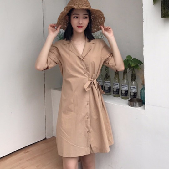 短袖洋裝v領連身洋裝翻領洋裝素色洋裝短版洋裝韓版素色氣質復古chic風抽繩休閑排扣中長款襯衫