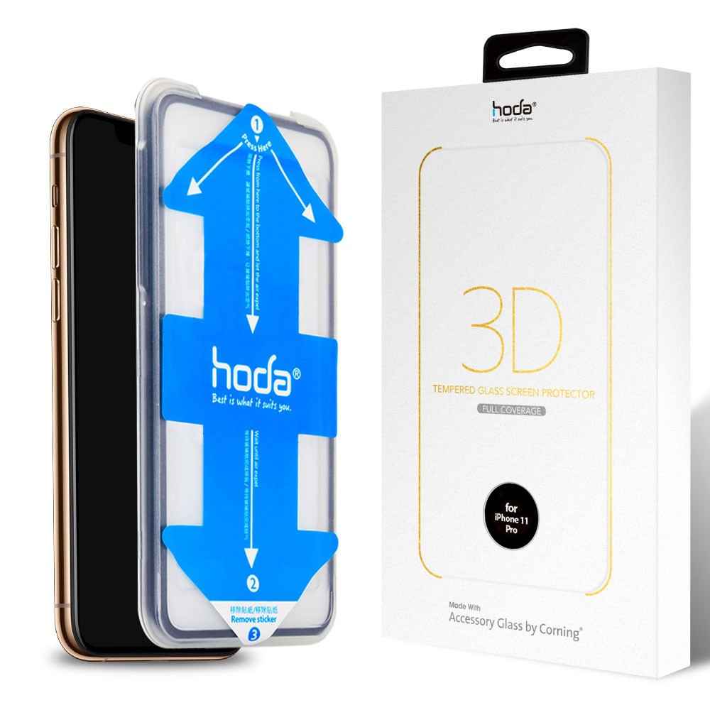 【買一送一】hoda iPhone 11 Pro/X/Xs 康寧3D滿版玻璃保護貼 附貼膜神器