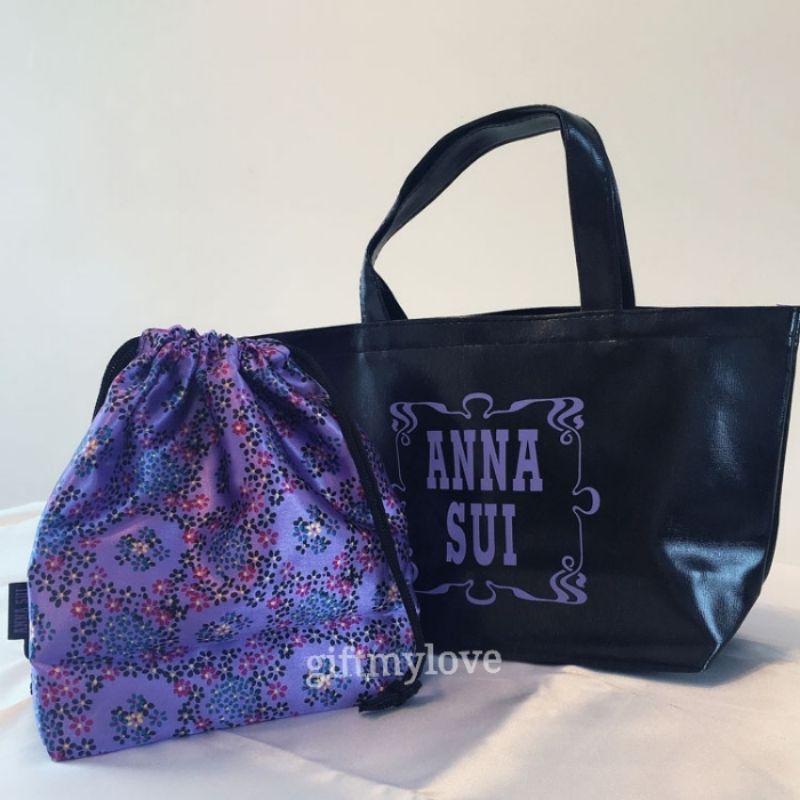 ANNA SUI 安娜蘇皮革風手提包連絲質內袋束口袋套裝(限量全新)