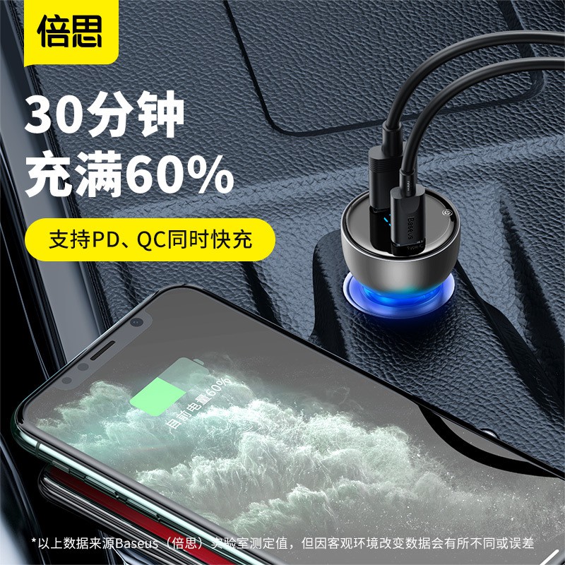 【倍思Baseus】酷顯數顯車載充電器QC3.0 65W USB車充頭 金屬PD Type C快充