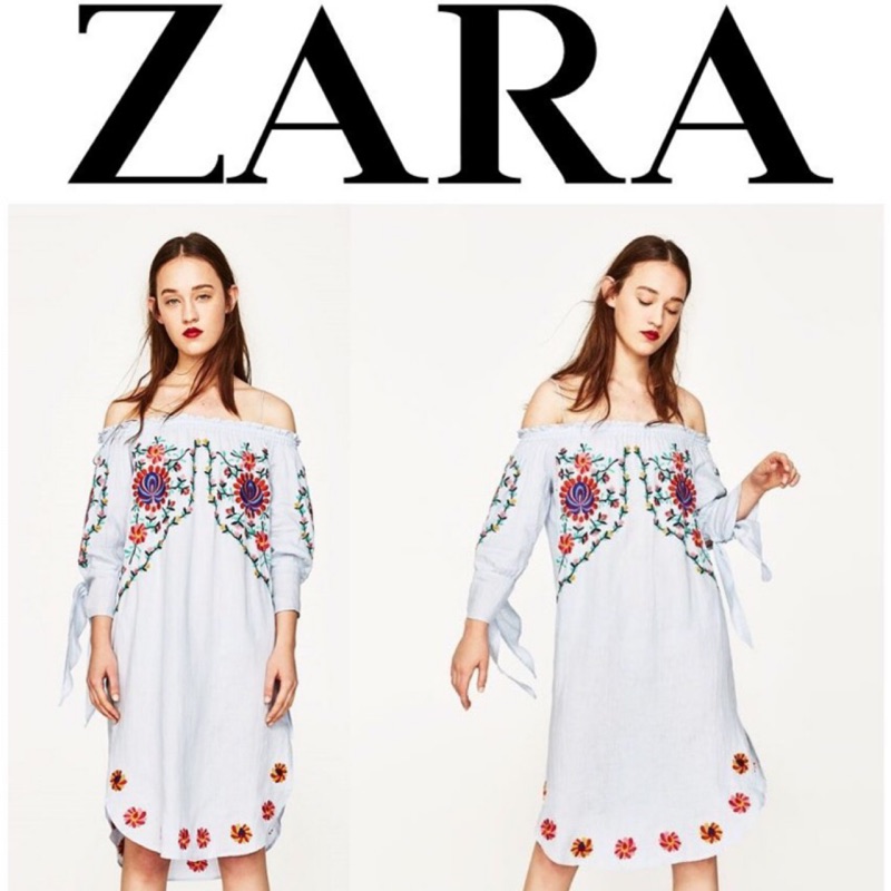 西班牙【ZARA】水藍色麻紗繡花洋裝S