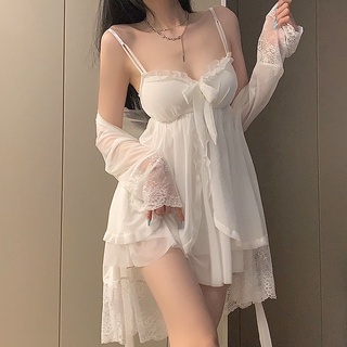 🔆小甜甜日系美衣👙白色仙女風睡衣女吊帶春秋性感蕾絲網紗帶胸墊家居服兩件套裝睡裙