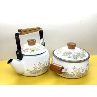 日本昭和時期 象印 Zojirushi 彩色鍋 琺瑯鍋 茶壺+兩手鍋 一組2入