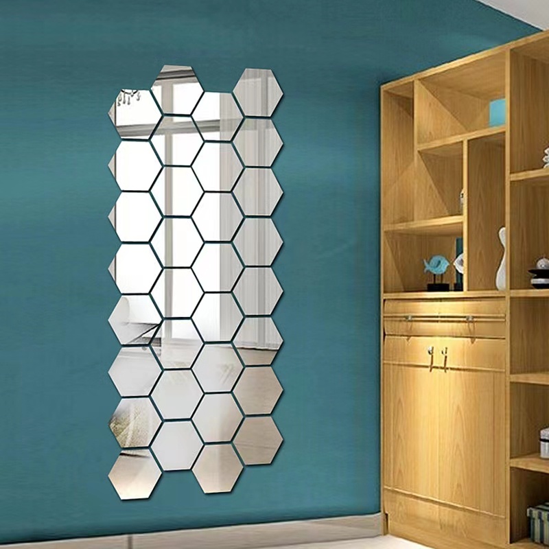 【DAORUI】3D鏡面壓克力壁貼 六邊形鏡子壓克力 立體牆貼 客廳玄關自粘裝飾貼紙 12片組合裝