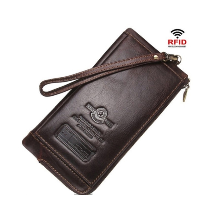 【AngelNaNa】真皮長夾-超薄大容量防RFID男皮夾錢包手機包附手腕帶 (SMA0294)