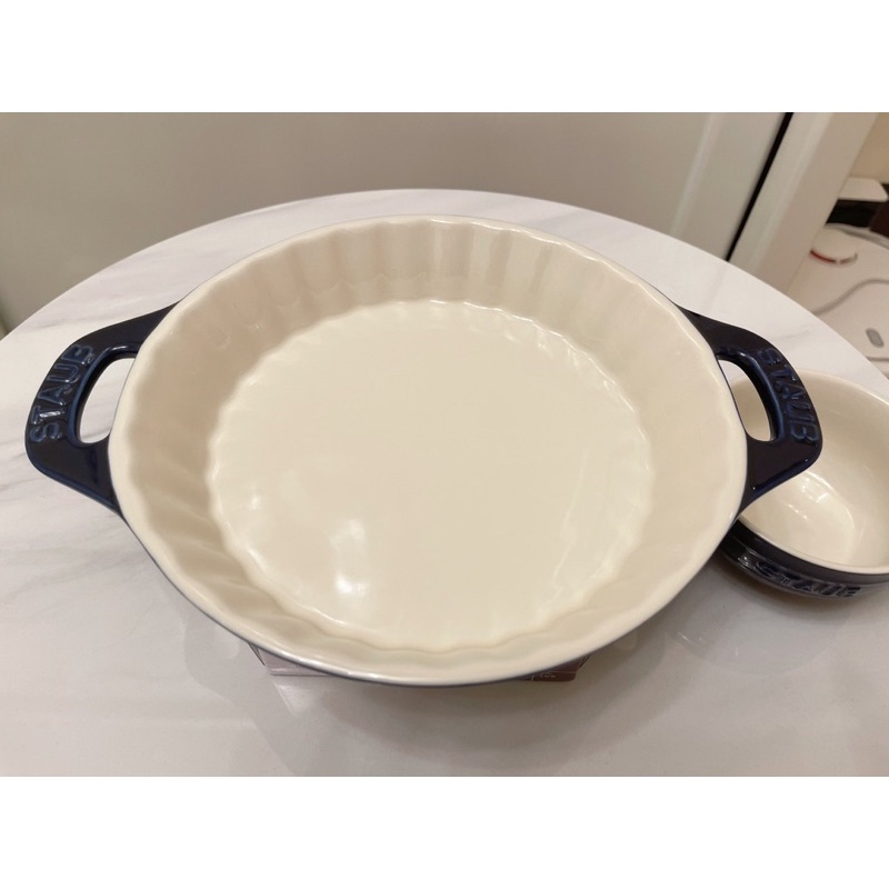 【法國Staub】陶瓷雙耳波浪烤盤 點心盤 水果盤 24cm 深藍色 全新