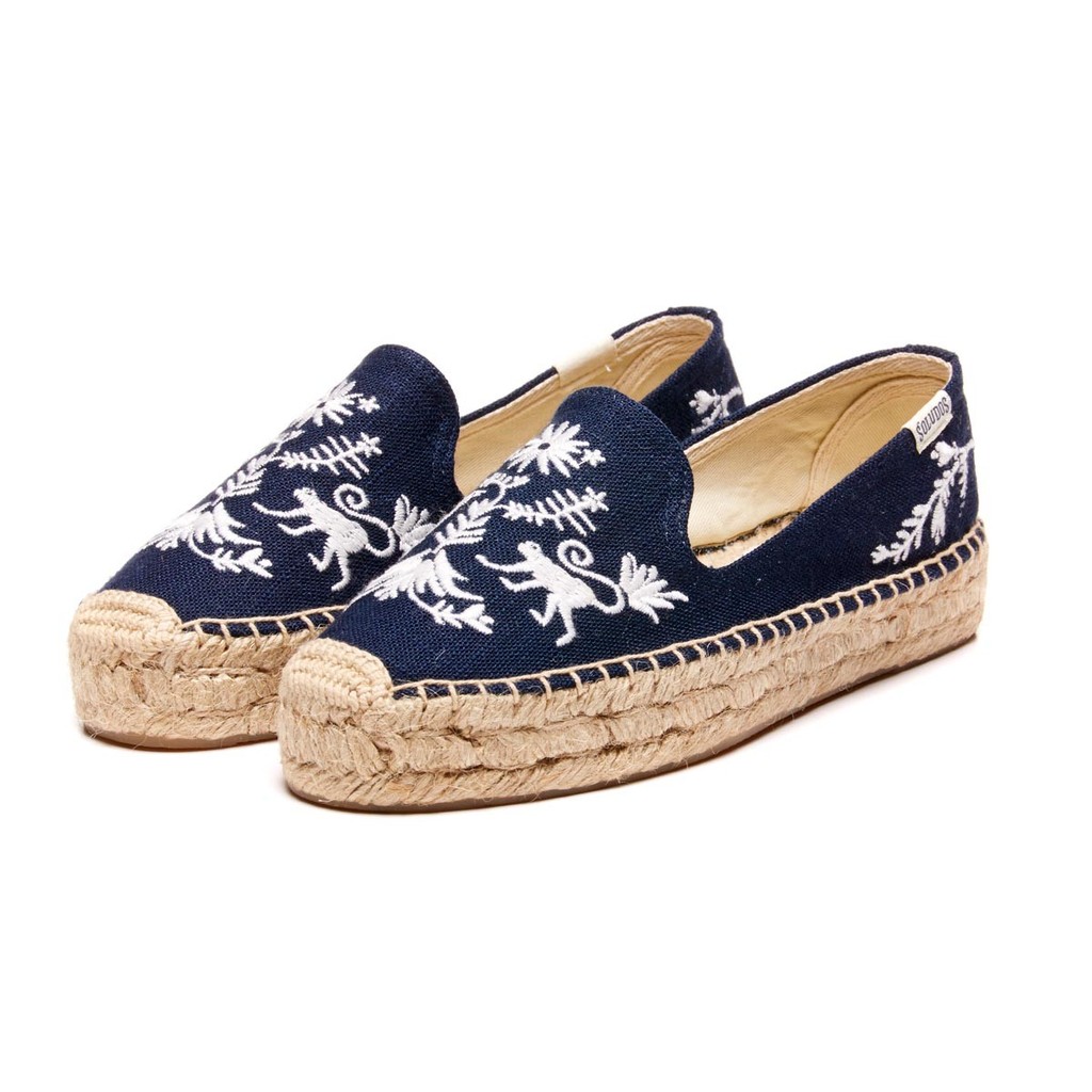 全新轉賣正品SOLUDOS帆布牛仔刺繡厚麻底編織草鞋OTOMI PLATFORM SMOKING SLIPPER