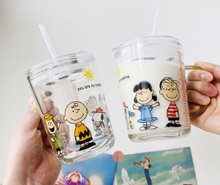 史努比水杯 ins 玻璃杯 水杯 帶手柄卡通可愛牛奶杯 查理 早餐杯 果汁 耐熱 少女心送禮
