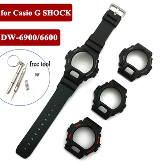 樹脂錶帶帶框架錶殼黑色套裝 適配卡西歐 G SHOCK DW-6900 DW-6600 男士手錶配件 帶螺絲工具