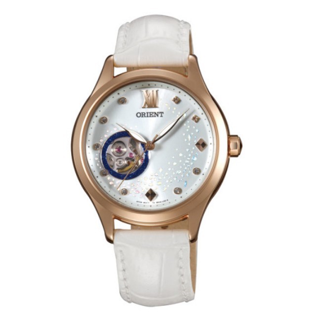 ORIENT東方錶 女藍月奇蹟鏤空機械錶 皮帶款 白色 FDB0A008W