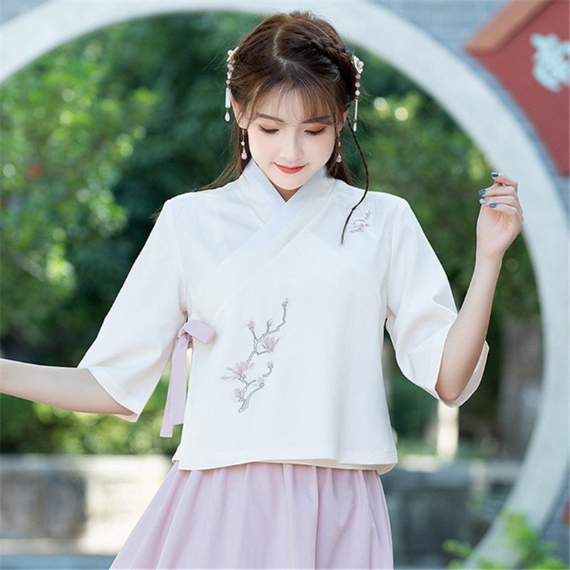 唯美女子坊中式改良日常漢服繡花上衣女交領漢元素七分袖古風襯衫茶藝服學生 蝦皮購物