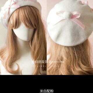 日系波浪紋蝴蝶結毛球軟妹蘿莉塔手工蓓蕾帽