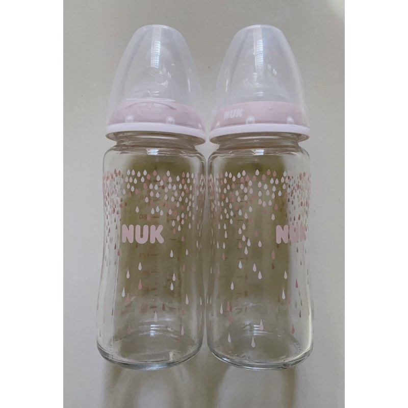 極新 二手Nuk寬口徑玻璃奶瓶240ml 粉色雨滴