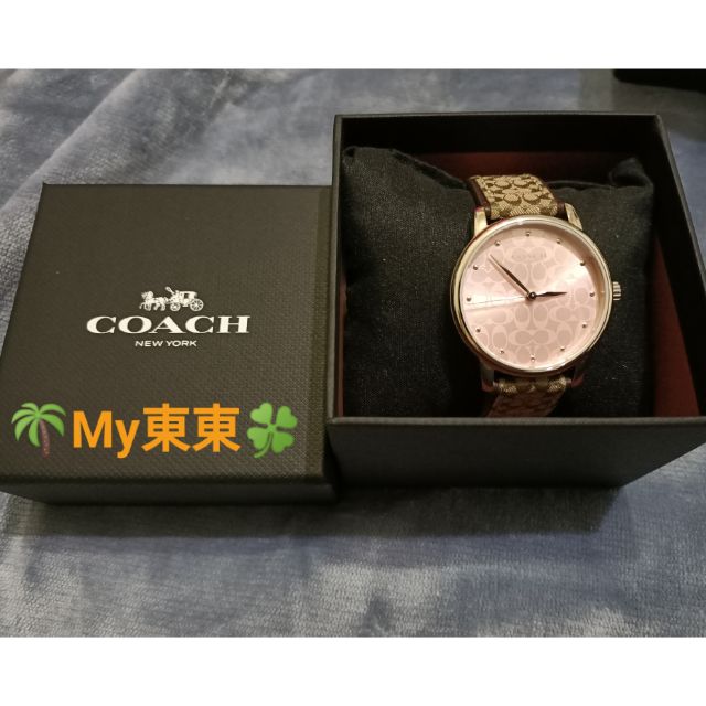 🌴My東東🍀COACH粉色X棕色C Logo外織布內真皮錶帶女手錶