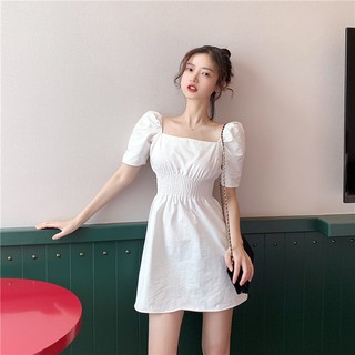 連身洋裝👗👗 短袖洋裝📣宮廷風小白裙 法式氣質復古收腰方領洋裝 短版洋裝 外出連身洋裝 韓妞必備