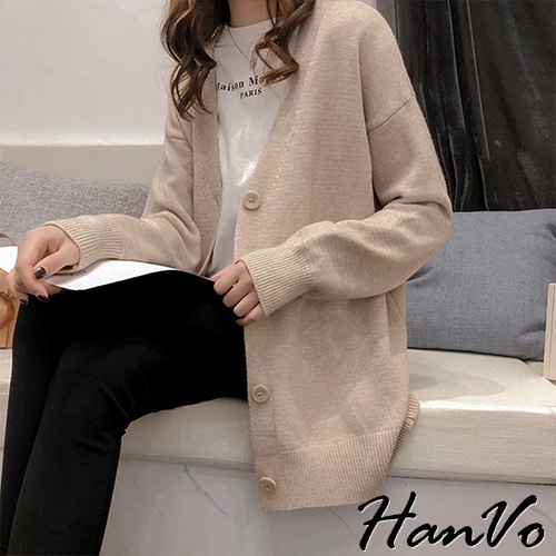 【HanVo】保暖系列 落肩V領寬鬆不挑身形針織外套 韓系休閒百搭針織寬版外套上衣 女生衣著 A07-1759