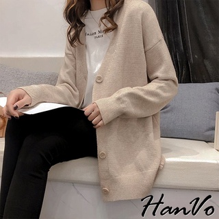 【HanVo】保暖系列 落肩V領寬鬆不挑身形針織外套 韓系休閒百搭針織寬版外套上衣 女生衣著 A07-1759