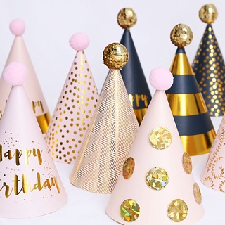 生日快樂帽子兒童毛絨球錐帽燙金紙兒童 Topi 派對裝飾金色