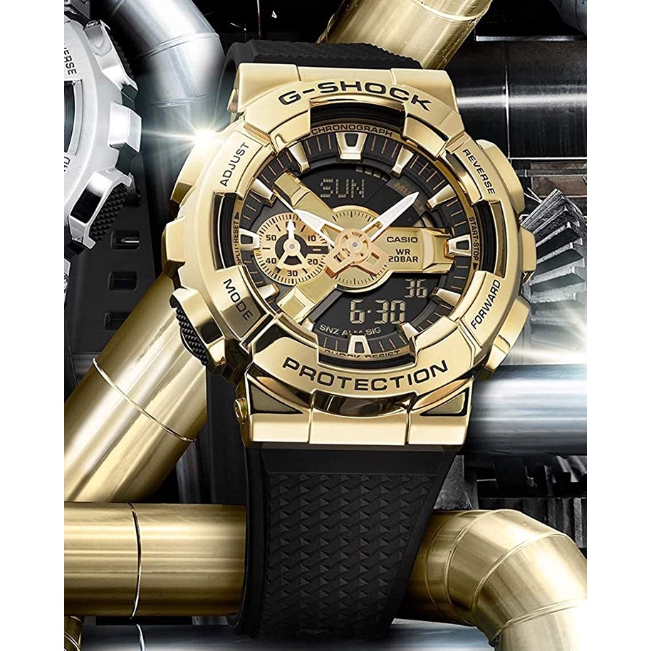 【金台鐘錶】CASIO卡西歐G-SHOCK (全金屬外殼) 金色錶圈 防水200米 GM-110G-1A9