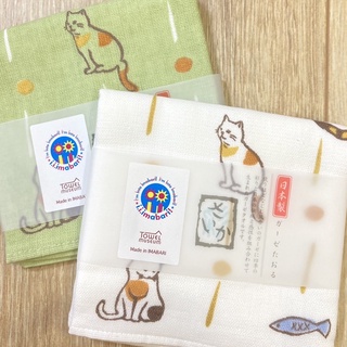 現貨 日本製純棉貓咪紗布巾25x25cm 二色 今治產 手帕 口水巾 紗布巾 方巾 貓咪手帕 和風 毛巾博物館