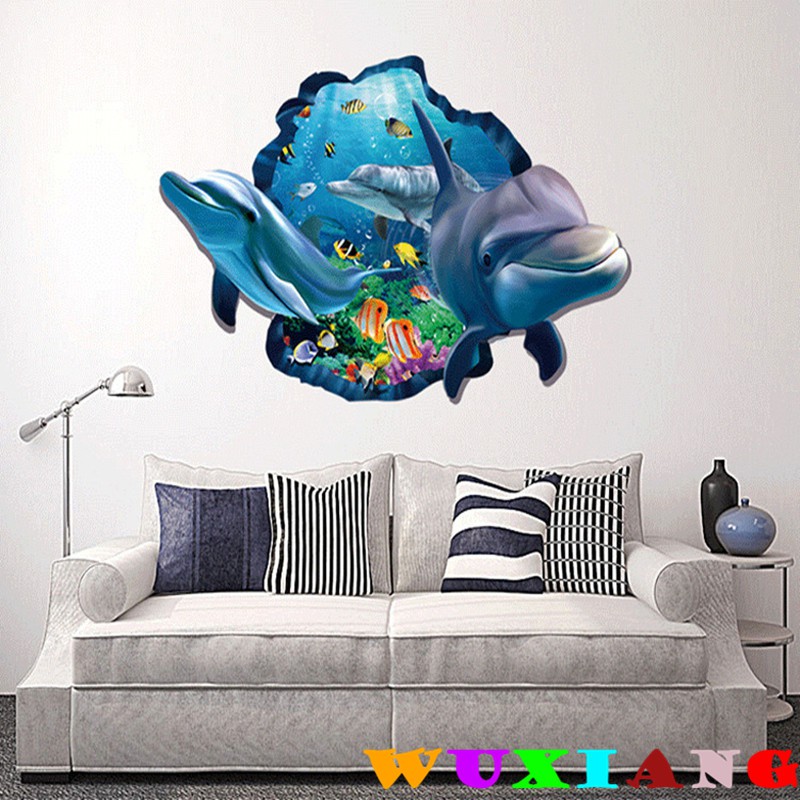 五象設計 破墻019 DIY 壁貼 卡通海豚 3D立體感牆貼 防水海洋貼畫無痕牆紙 房間裝飾 家居裝飾