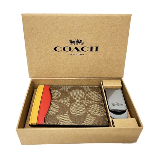 【COACH】C LOGO鈔票夾卡夾名片夾禮盒(配色焦糖)