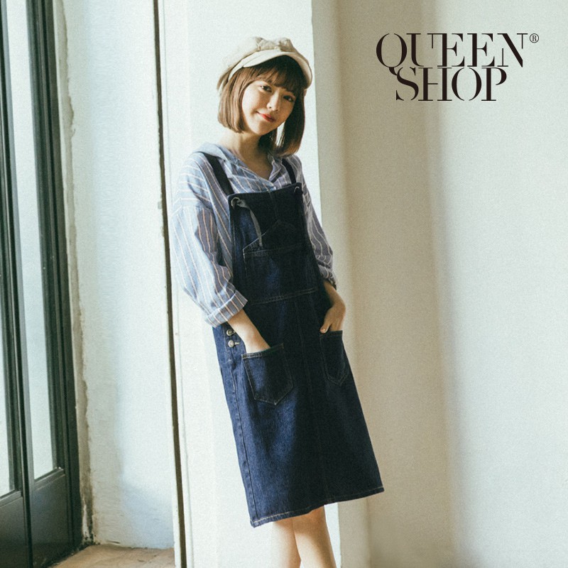 QUEENSHOP【03060167】配色車線多口袋牛仔吊帶裙 S/M/L＊預購＊