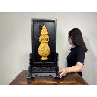 阿一藝品 黑檀木插玉雕寶瓶【雙龍獻瑞】光澤細膩 精工細作 插屏 屏風 座屏 家居辦公擺件 收藏擺件 早期收藏 S23