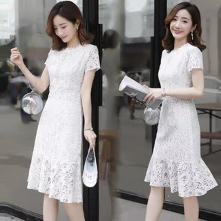 短袖蕾絲洋裝(白色)@韓國 氣質 小禮服 收腰 鏤空 雕花 荷葉邊 魚尾裙 夏天洋裝 白色洋裝