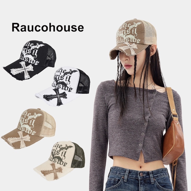 【JIN】韓國 Raucohouse Y2K風格復古破壞十字架印花網帽 帽子 網帽 破壞 水洗 復古