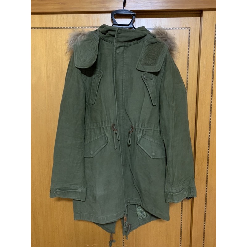 日本品牌SLY軍綠色長版軍裝N3B泰迪熊毛毛內裡保暖外套連帽可拆多穿法