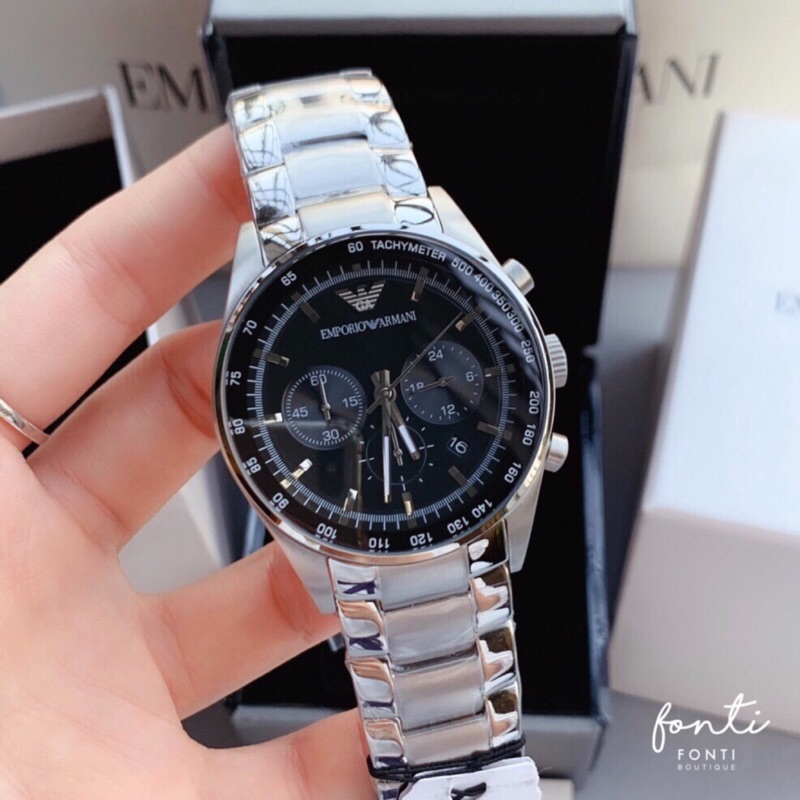 Emporio Armani 黑皮革鋼帶三眼計時鋼帶錶手錶armani錶ar6094 Ar6093 蝦皮購物