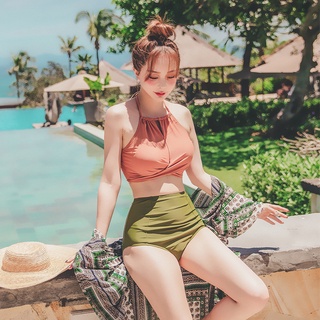 美人魚💙臺灣現貨┇復古撞色韓版泳衣泳裝高腰遮肚顯瘦女生兩件式兩截式削肩小胸比基尼泡湯溫泉性感韓國