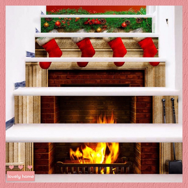 【lovely home】聖誕節樓梯貼 壁爐 火焰 居家裝飾 樓梯 貼紙 自粘臺階地貼 可移除牆貼 LT071