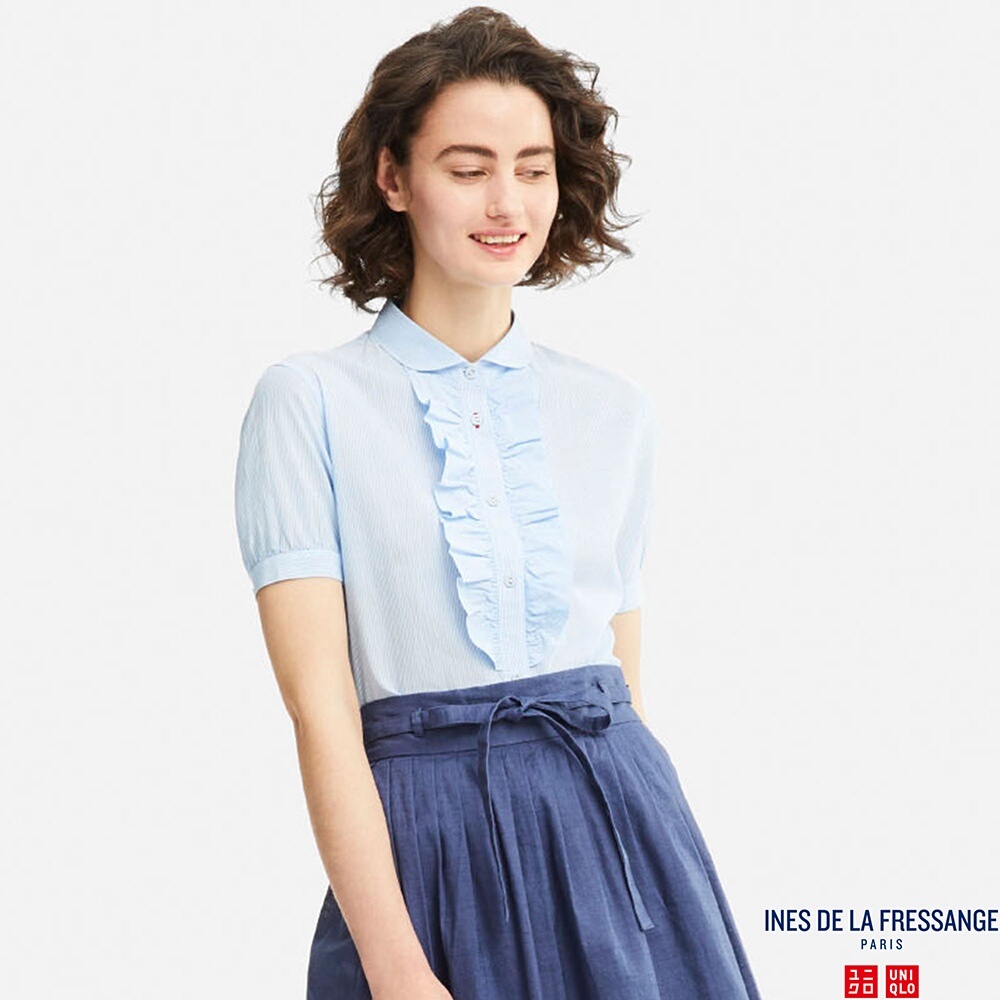 全新專櫃真品時尚造型師嚴選 UNIQLO x ines 形象廣告主打款全球斷貨難得一見超漂亮法式優雅粉藍條紋荷葉邊襯衫