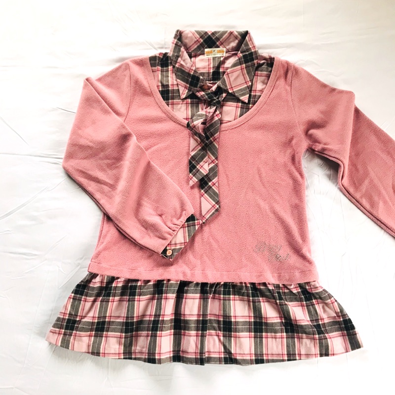 兒童粉色學院風格長袖 假兩件式 領子 領帶 格子裙 連身裙 女孩衣服 學院風 長袖