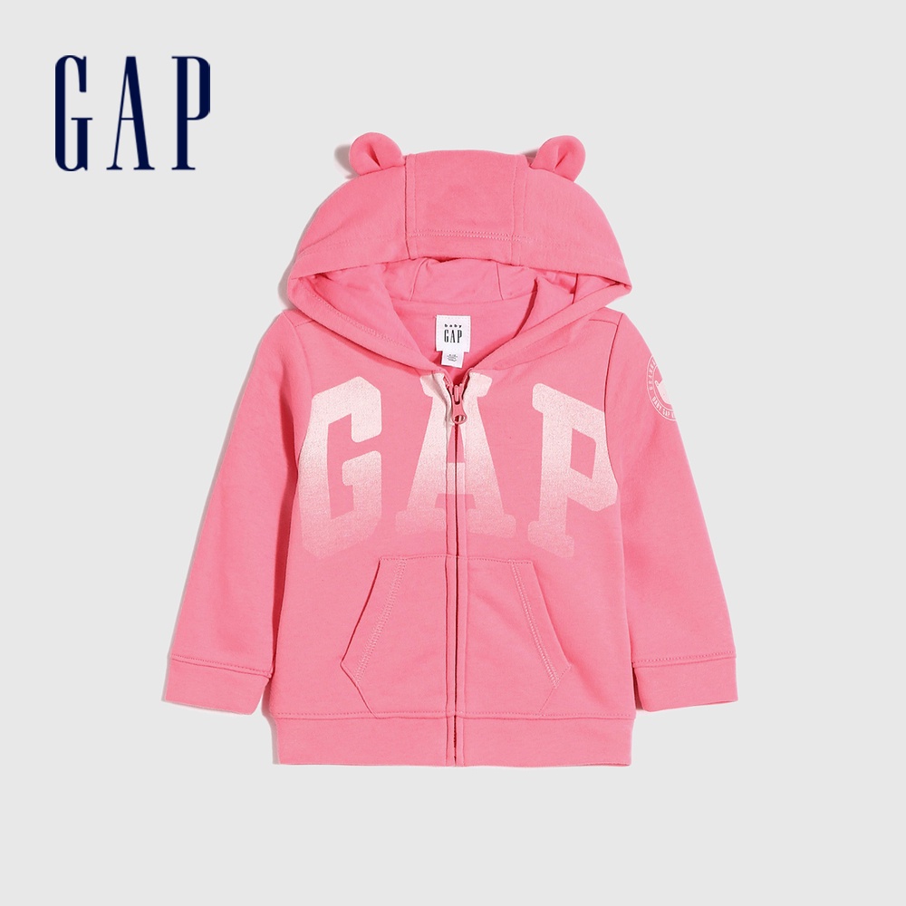 Gap 嬰兒裝 Logo熊耳連帽外套 碳素軟磨法式圈織系列-粉紅色(958828)