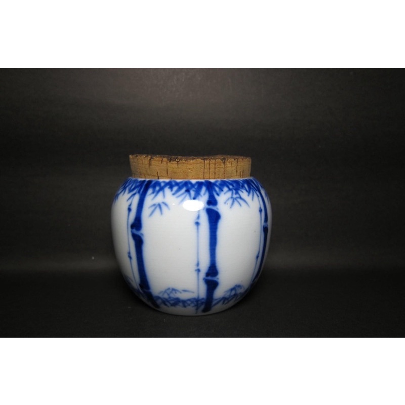 特價 日本昭和時期 茶道具 竹紋 青花 茶葉罐 老軟木蓋 收藏品老件,品項良好 直徑約11.5cm茶倉 烏龍 普洱