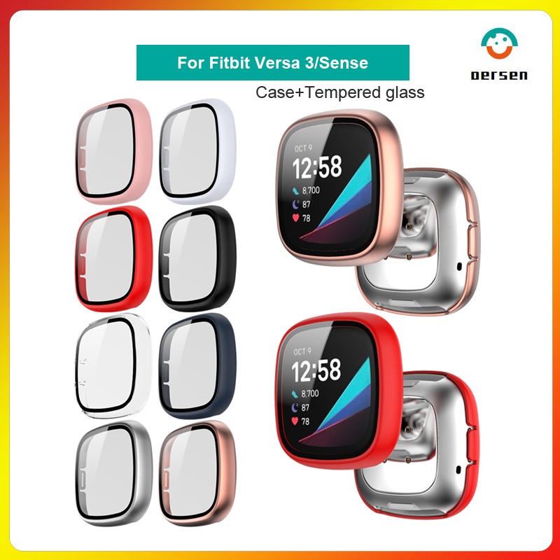 Fitbit Versa 3 PC 鋼化玻璃外殼的全屏保護套, 適用於 Fitbit Sense Versa3 配件外殼