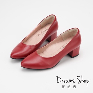 DREAMS SHOP 寬楦氣墊_MIT真皮素面尖頭低跟鞋 紅色【PW901】大尺碼女鞋37-47