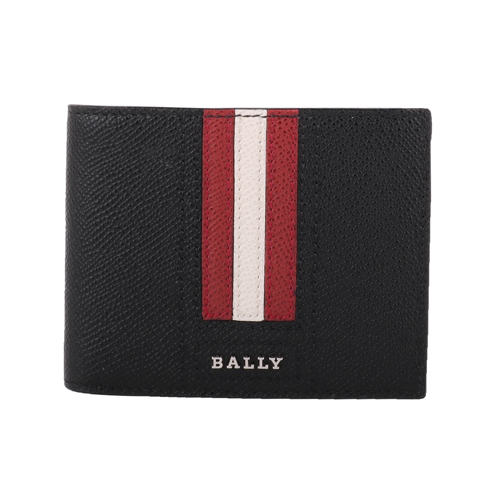 BALLY- 防刮皮革紅白條紋對開6卡短夾 (黑色)