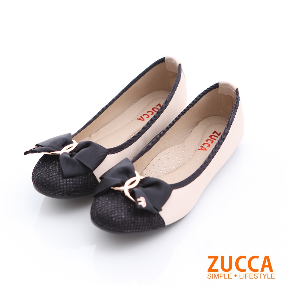 【ZUCCA】拼接金屬朵結環平底鞋-z6608we-白