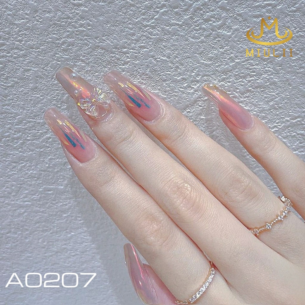 Miulii Long Fake Nails 粉色金色水晶 A0207 24 件美甲高級可愛粉色婚禮免費膠水果凍指甲油